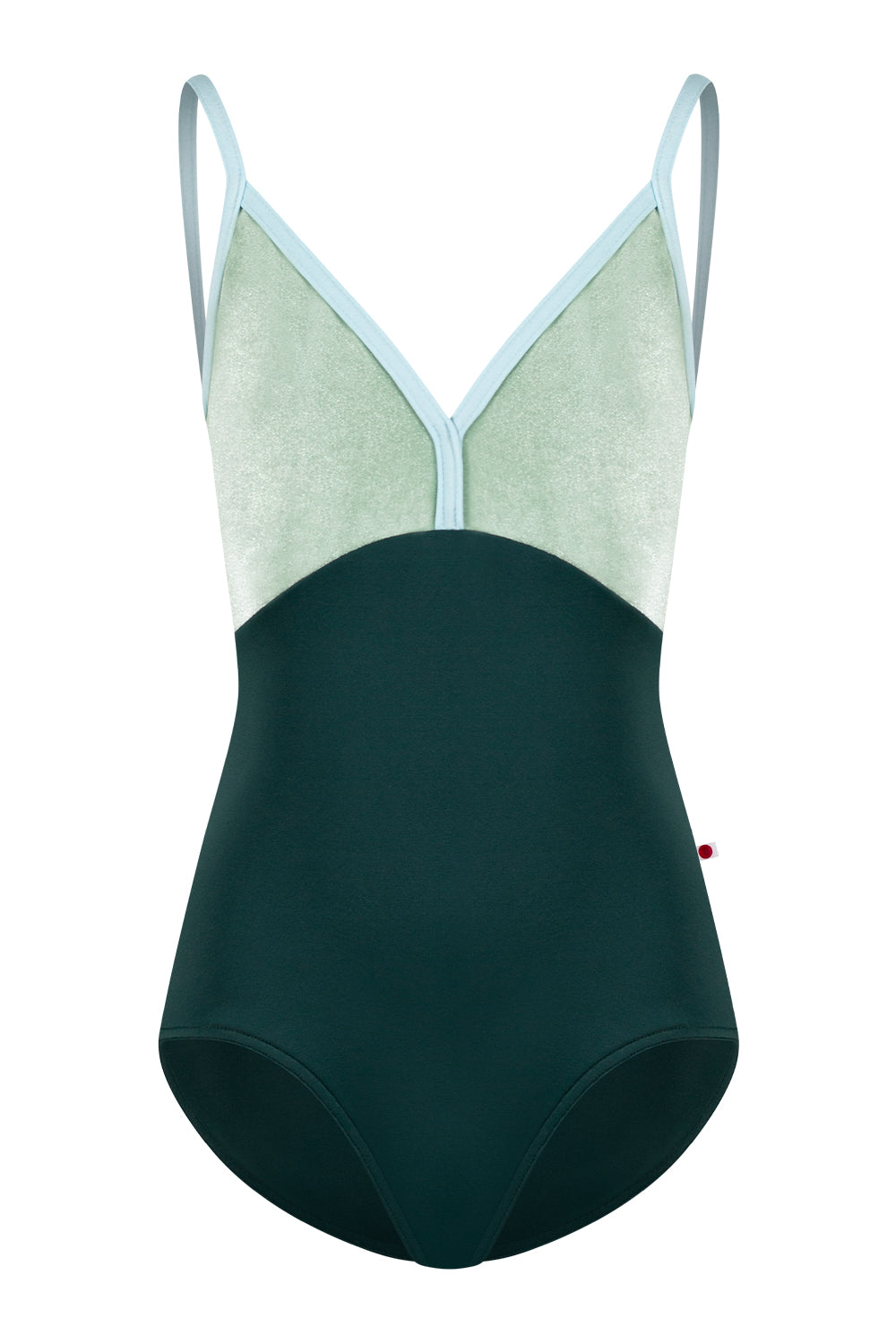 Kids Daria leotard in T-Kale body color with V-Meadow top color and N-Mirror trim color