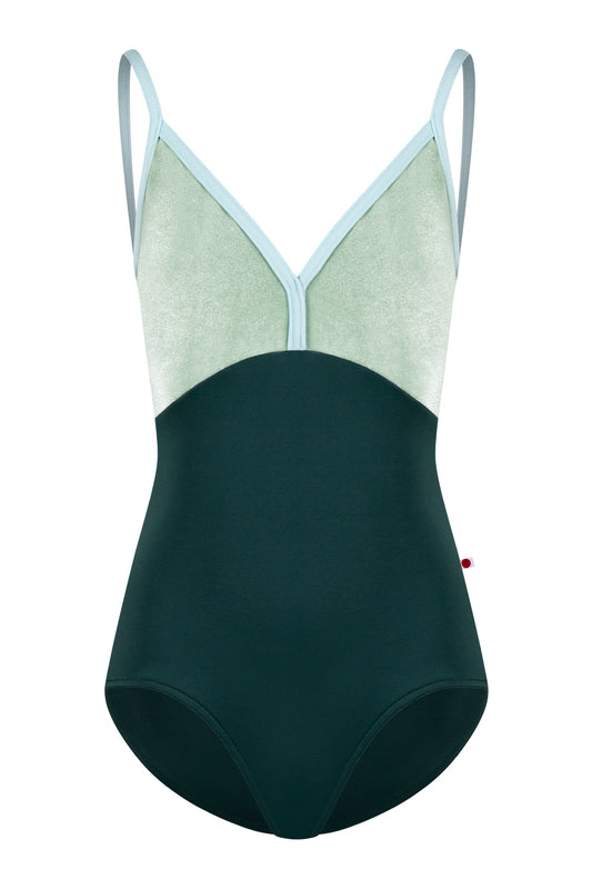 Kids Daria leotard in T-Kale body color with V-Meadow top color and N-Mirror trim color