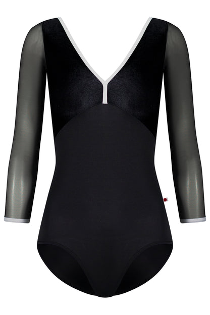 Alicia leotard, black with a black velvet V-neck bodice, white trim and sheer black mesh three-quarter sleeves.