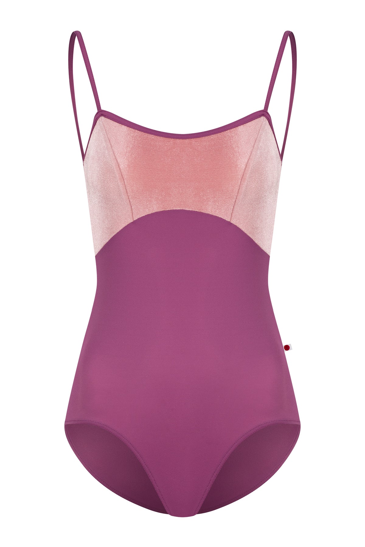 Denise leotard, pink crushed-velvet bodice and a magenta body, scoop neck with thin straps.
