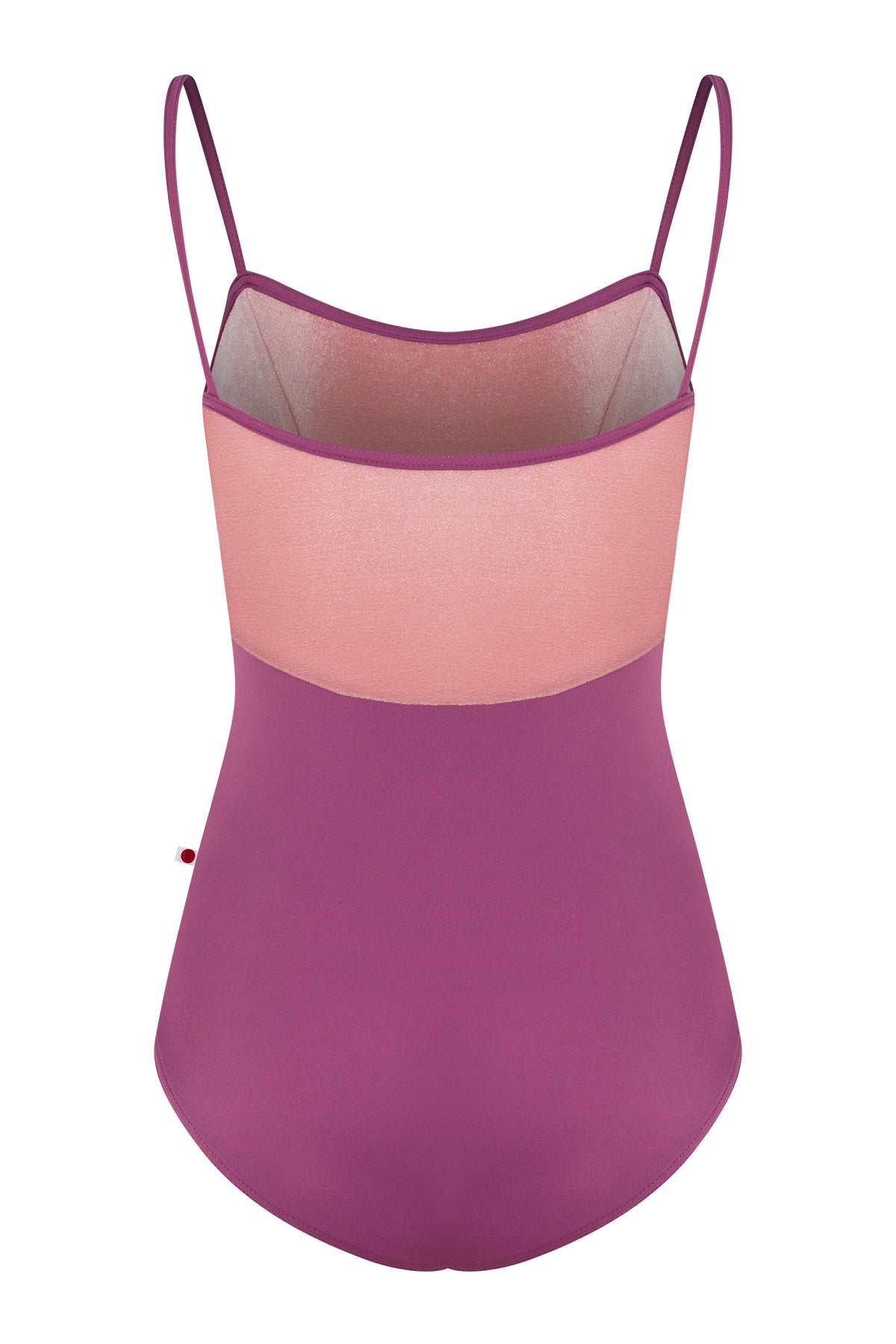 Denise leotard, pink crushed-velvet bodice and a magenta body, scoop neck with thin straps.