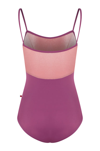 Denise leotard, pink crushed-velvet bodice and a magenta body, scoop neck with thin straps.