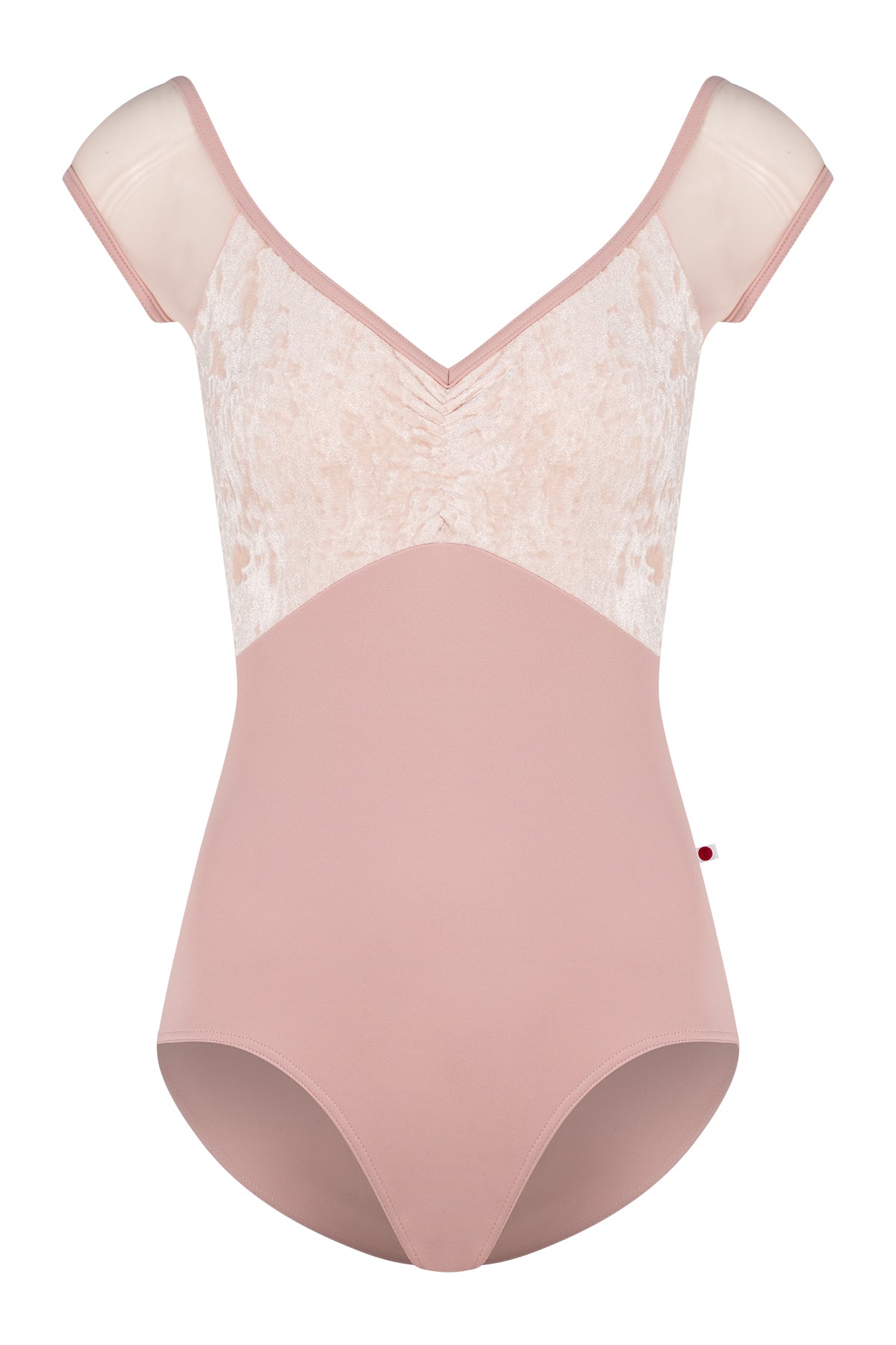Elli leotard, dusty-rose with a cream crushed-velvet ruched bust and blush mesh cap sleeves, V-neck.