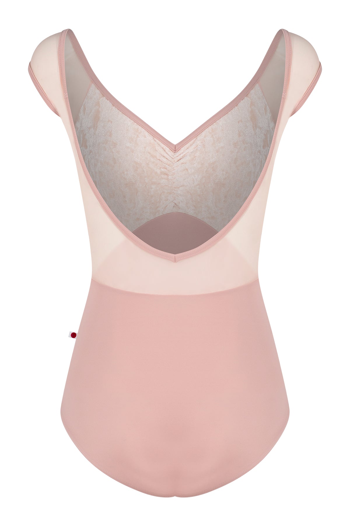 Elli leotard, dusty-rose with a cream crushed-velvet ruched bust and blush mesh cap sleeves, V-neck.