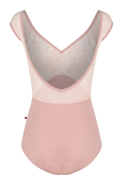Elli leotard, dusty-rose with a cream crushed-velvet ruched bust and blush mesh cap sleeves, V-neck.