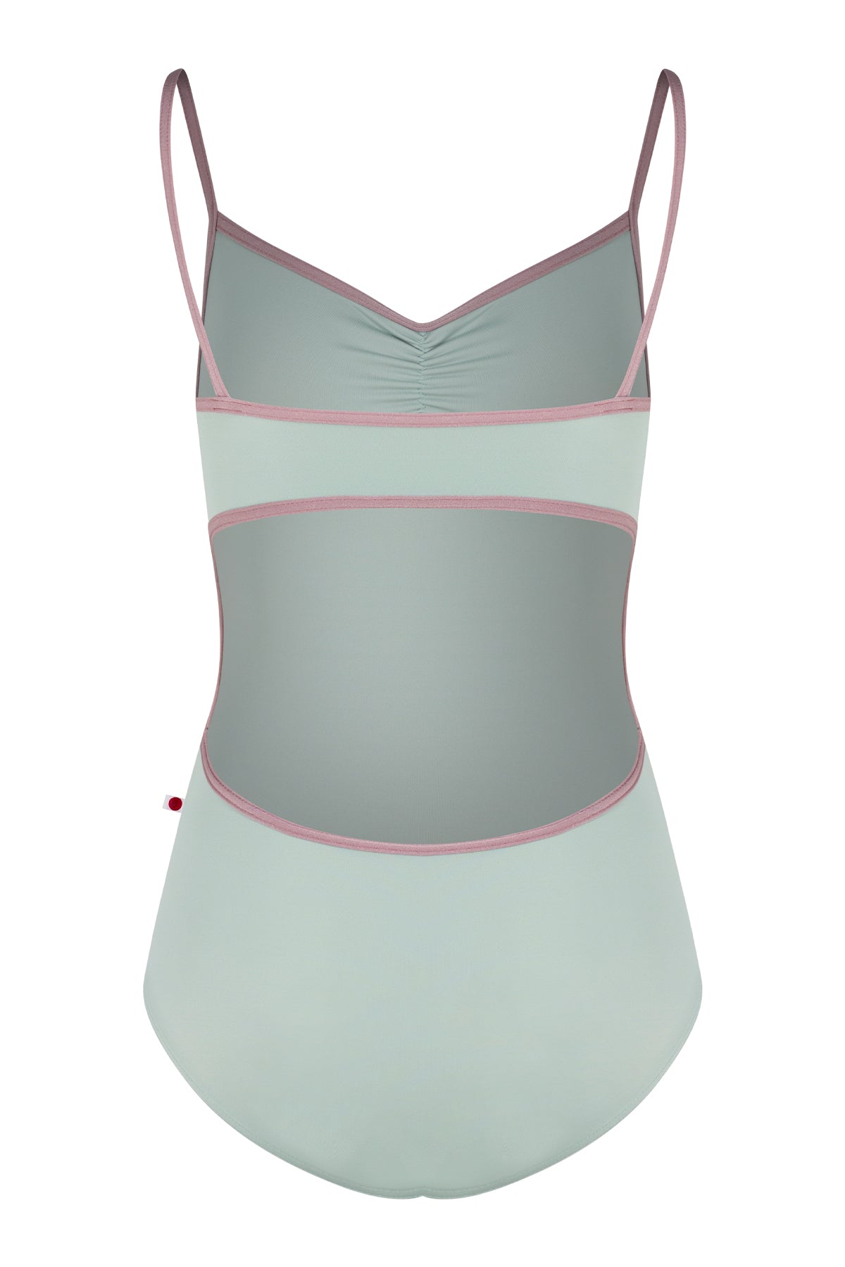 Kiki leotard, pale sage-green with a ruched V-neck and dusty-pink strap trim.