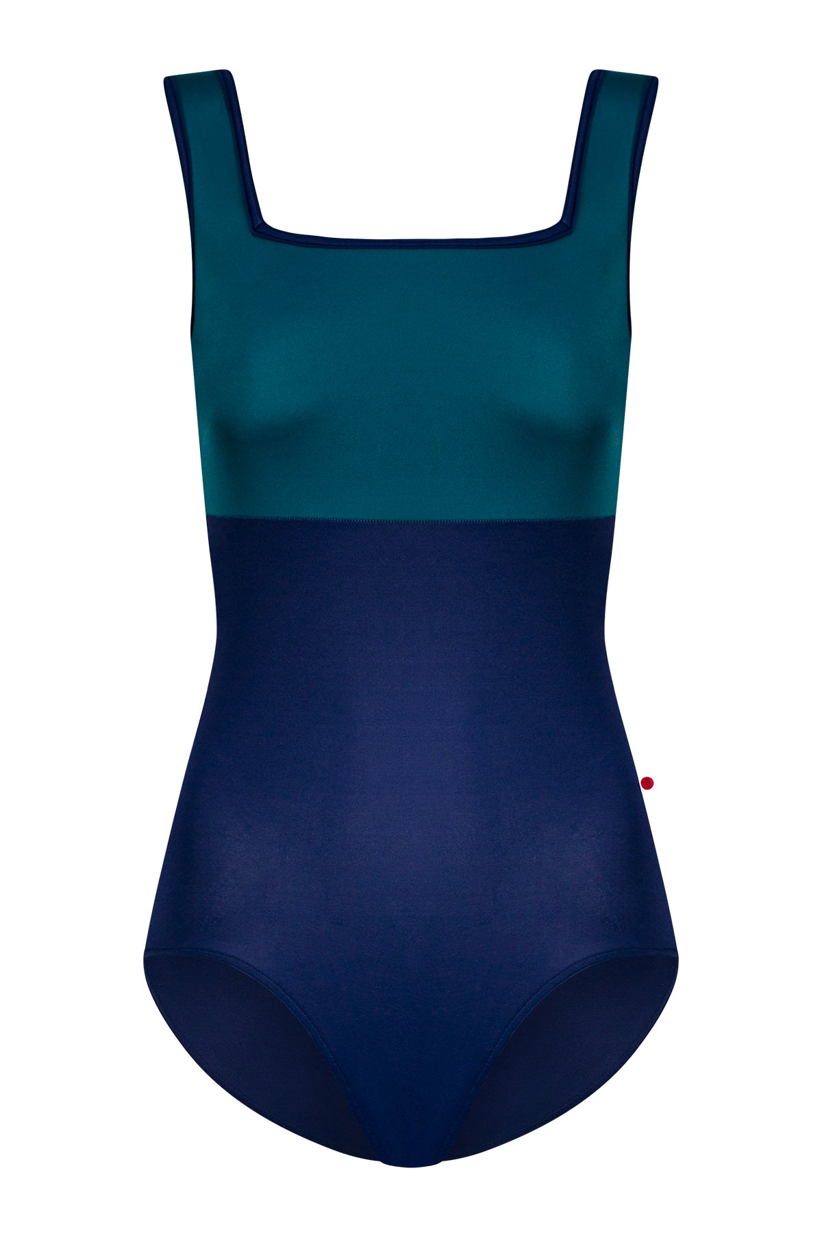 Marieke leotard, teal square-neck bodice and a navy body with navy trim.