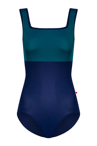 Marieke leotard, teal square-neck bodice and a navy body with navy trim.