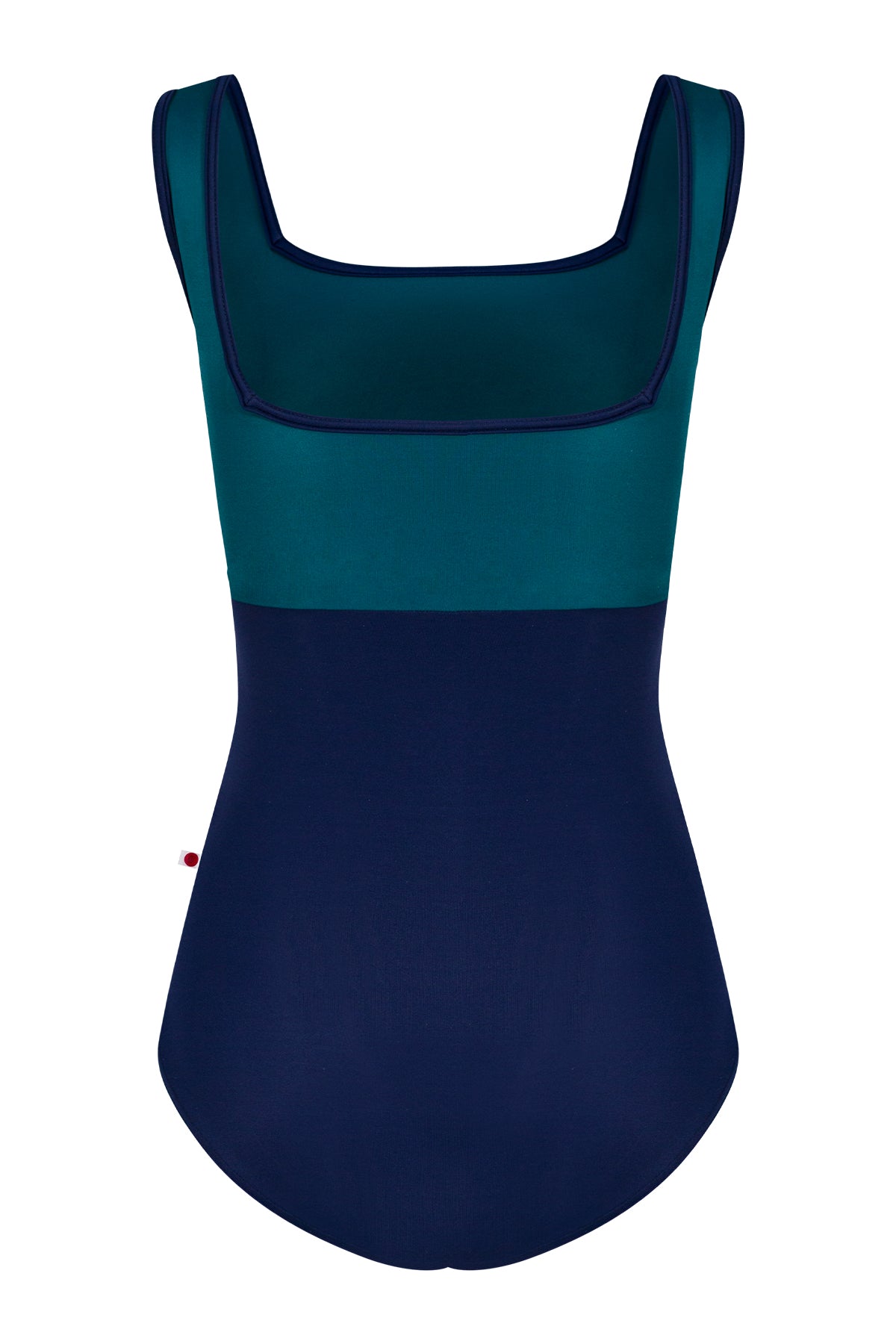Marieke leotard, teal square-neck bodice and a navy body with navy trim.