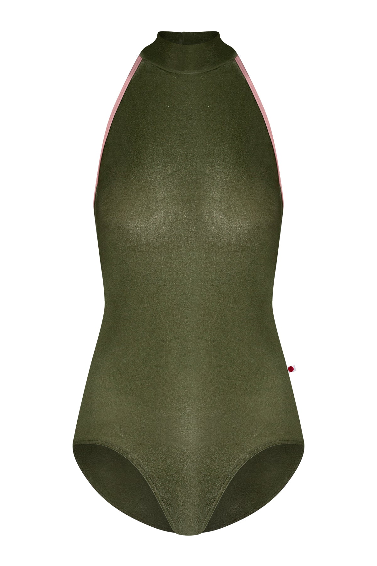Noe leotard, olive-green velvet with a high halter neck and pink strap trim, open back.