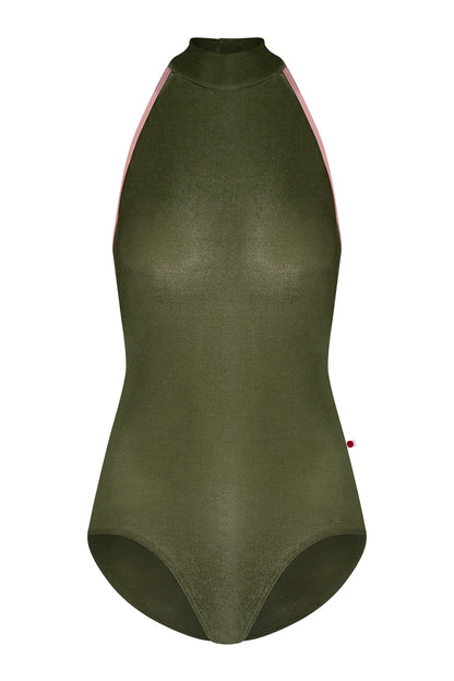 Noe leotard, olive-green velvet with a high halter neck and pink strap trim, open back.