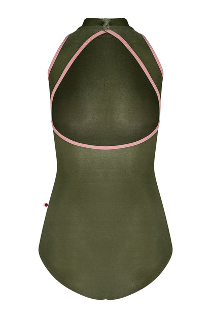Noe leotard, olive-green velvet with a high halter neck and pink strap trim, open back.