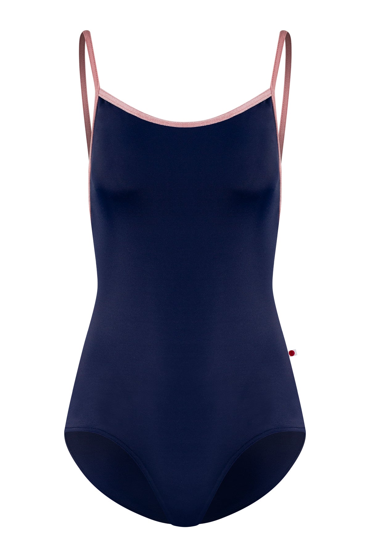 Tamara leotard, navy with a scoop neck and pink strap and neckline trim.