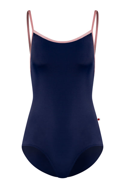 Tamara leotard, navy with a scoop neck and pink strap and neckline trim.