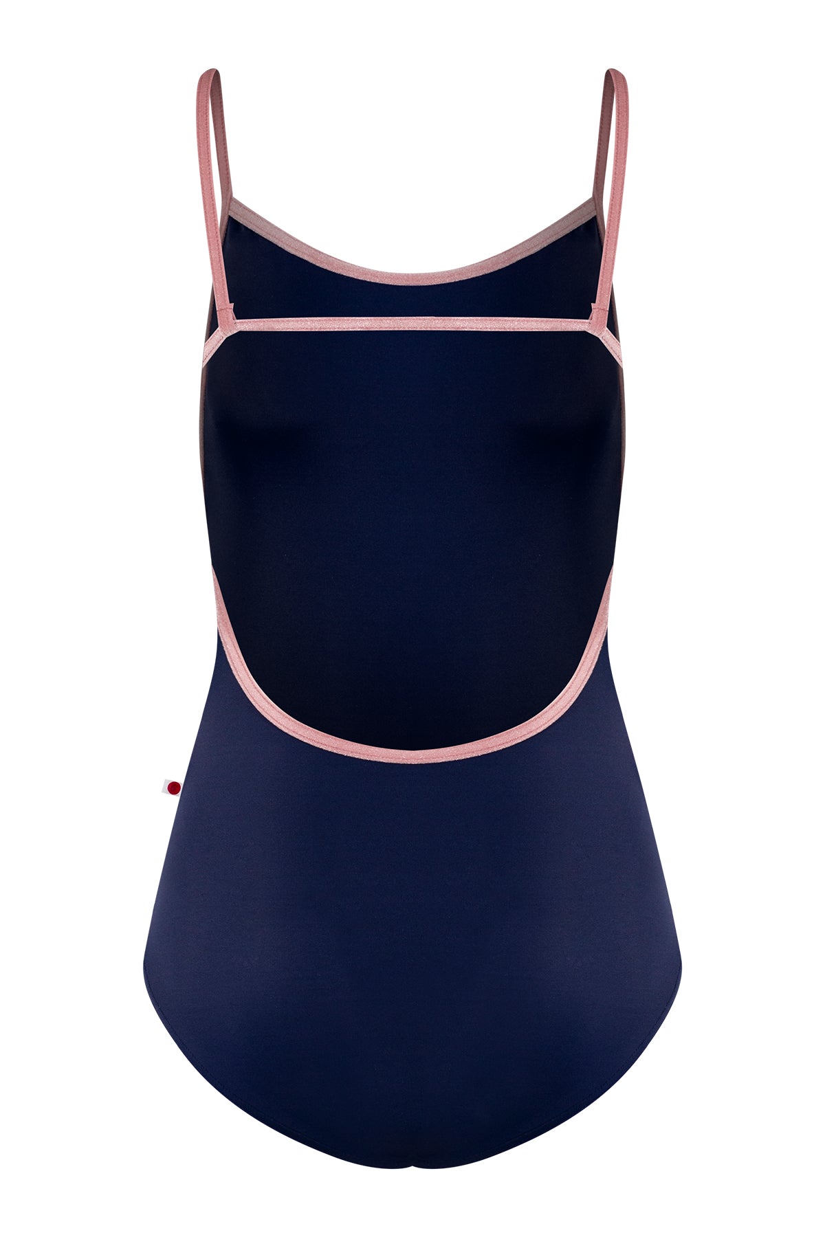 Tamara leotard, navy with a scoop neck and pink strap and neckline trim.