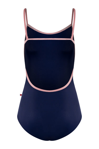 Tamara leotard, navy with a scoop neck and pink strap and neckline trim.