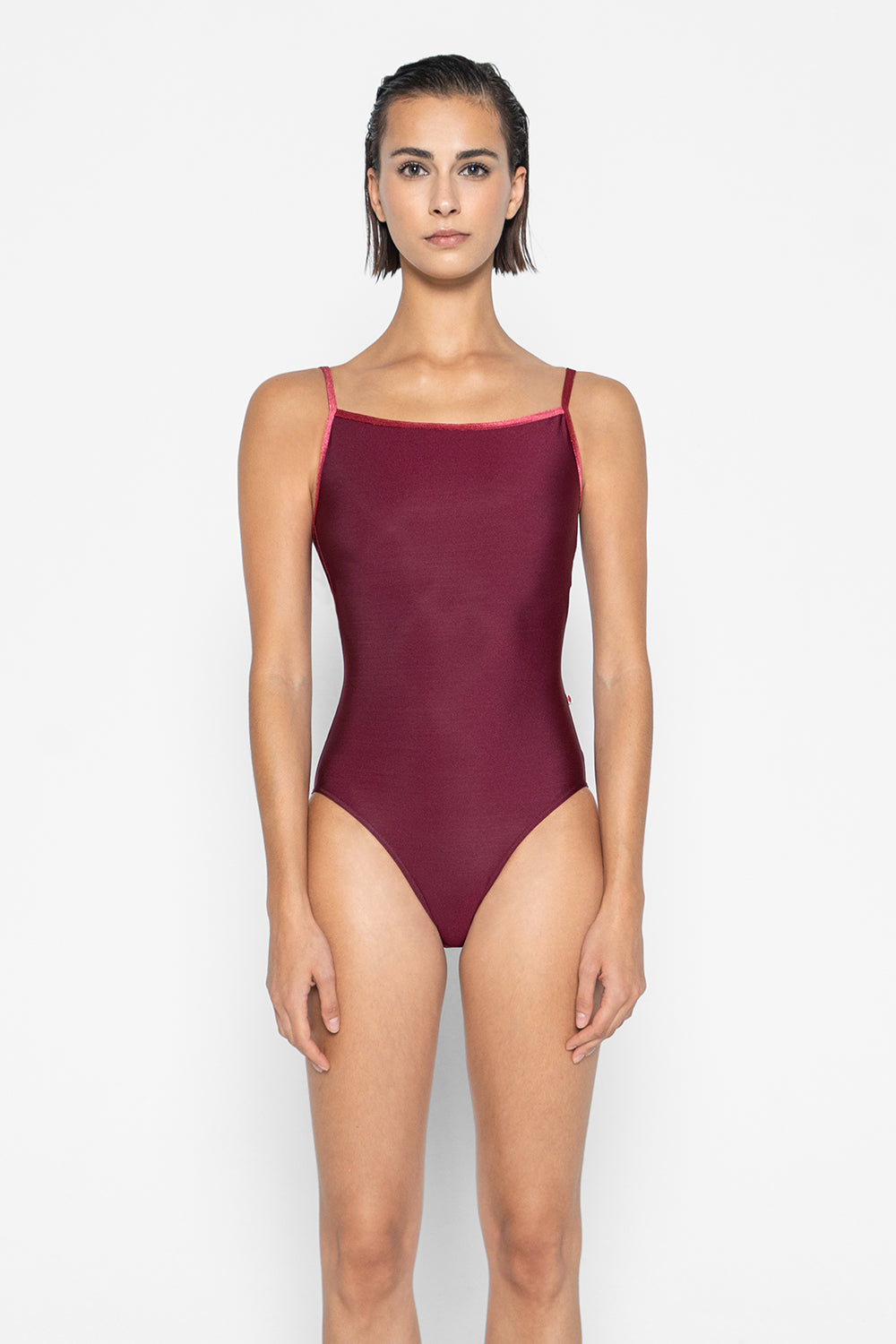 Daniela leotard in N-Burgundy body color with V-Cerise trim color