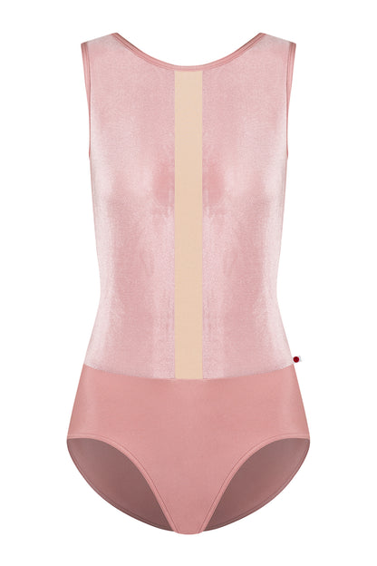 Didi leotard in N-Antique Rose body & trim color with V-Dreamy top color and N-Base middle band