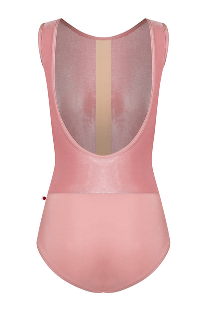 Didi leotard in N-Antique Rose body & trim color with V-Dreamy top color and N-Base middle band