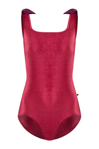 Marieke leotard in V-Cerise body & trim color with V-Roxy shoulder bows