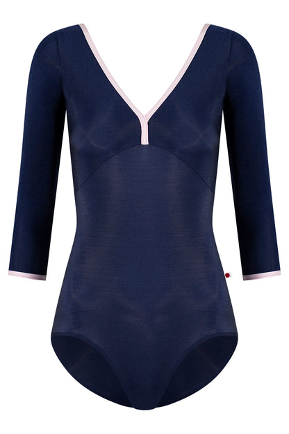 Alicia leotard in N-Dark Blue body & top color with N-Rose trim color and 3Q sleeves