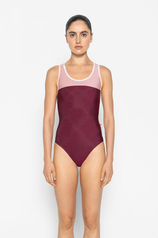 Erica leotard in N-Burgundy body color with N-Antique Rose top color and CV-Misty Rose trim color