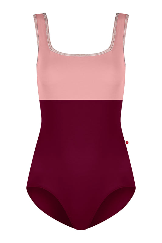 Kids Marieke leotard in N-Burgundy body color with N-Antique Rose top color and CV-Misty Rose trim color