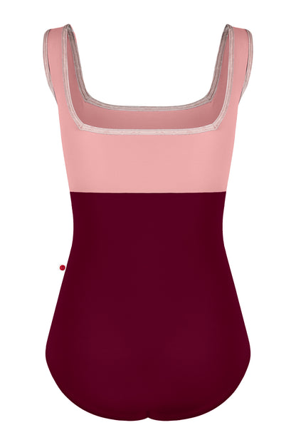 Kids Marieke leotard in N-Burgundy body color with N-Antique Rose top color and CV-Misty Rose trim color