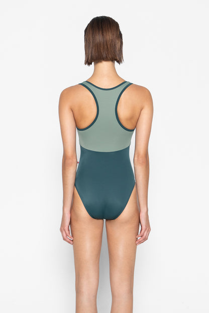 Laura Duo leotard in T-Kale body & trim color with T-Sage top color