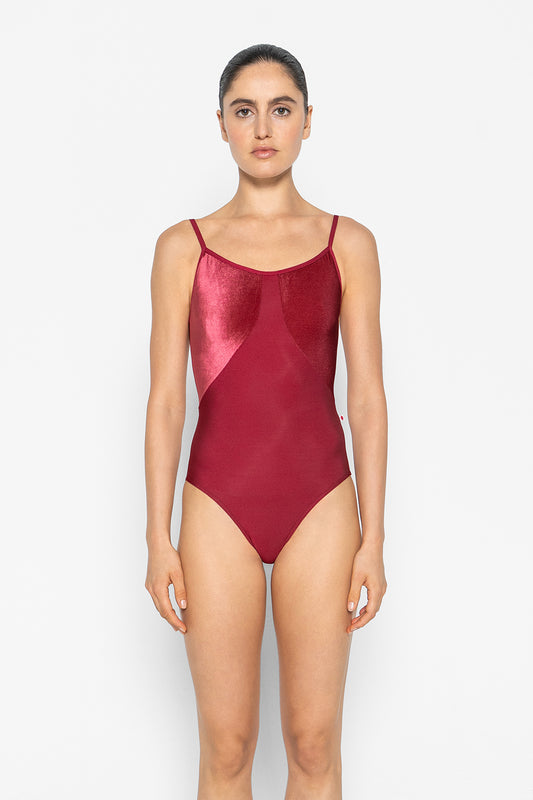 Amanda leotard in N-Berry body color with V-Cerise top color and N-Berry trim color
