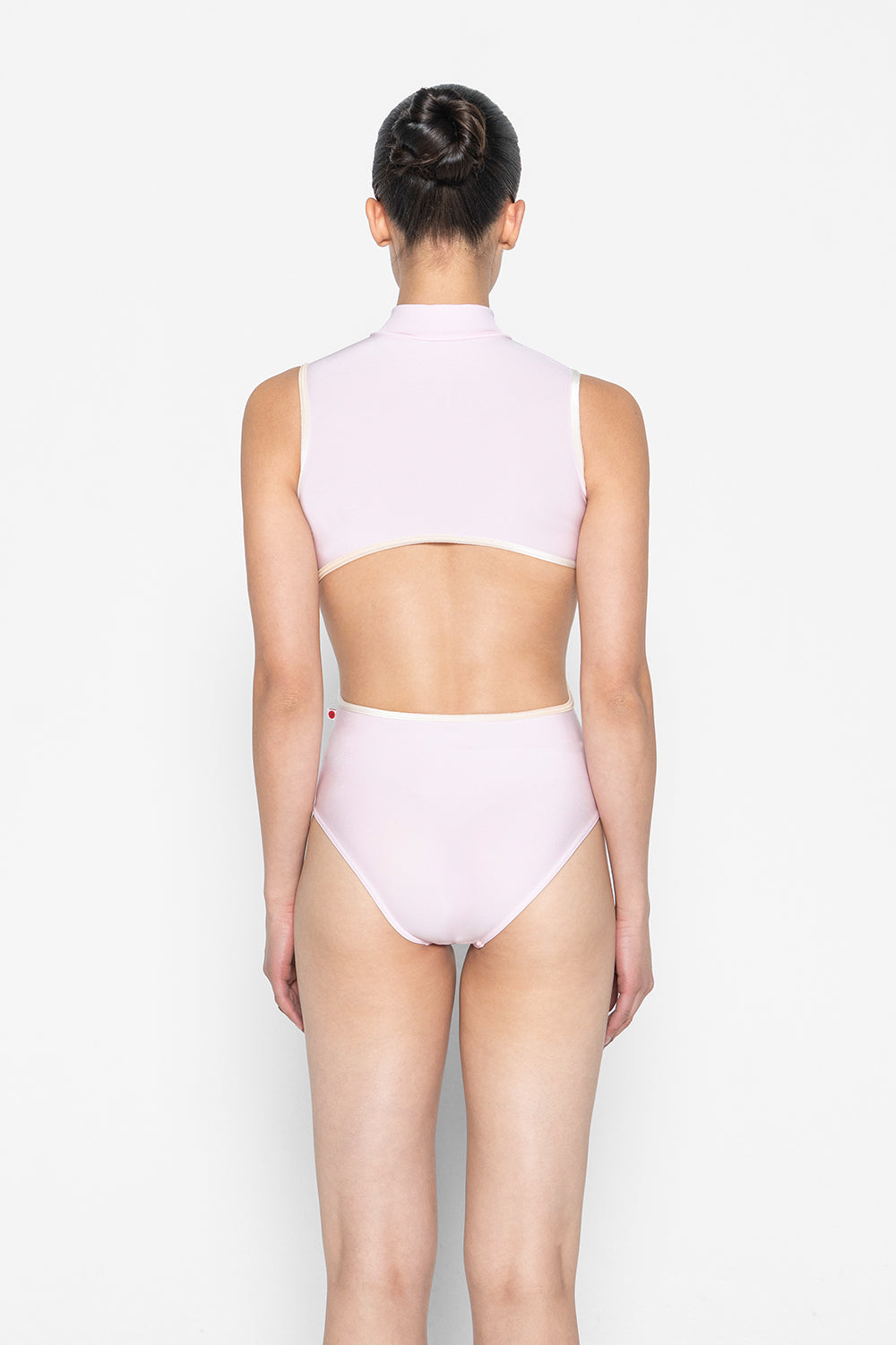 Charlotte leotard in N-Rose body color with V-Buttermilk trim & zipper color