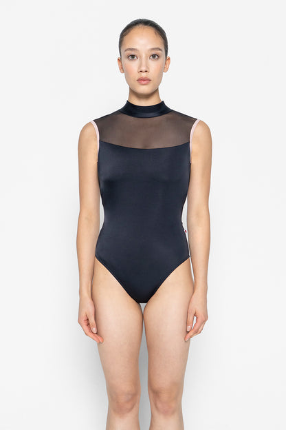 Camila leotard in T-Black body color with Mesh Black top color and T-Petal trim color