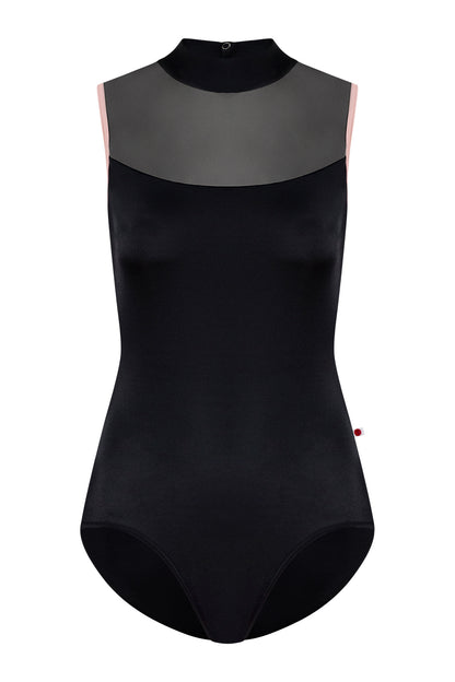 Camila leotard in T-Black body color with Mesh Black top color and T-Petal trim color