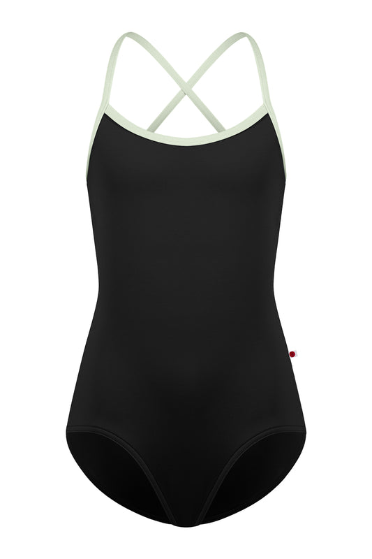 Kids Lilia leotard in N-Black body color with T-Pistachio trim color