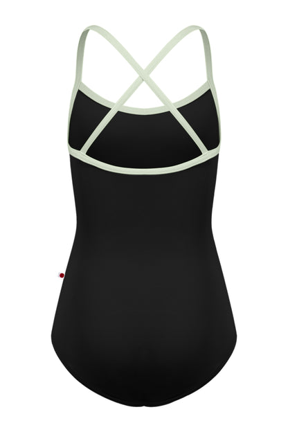 Kids Lilia leotard in N-Black body color with T-Pistachio trim color