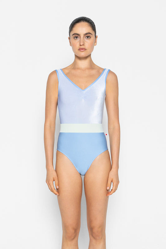 Lucy leotard in N-Moontide body color with V-Serenade top color, N-Moontide trim color and T-Pistachio middle band color