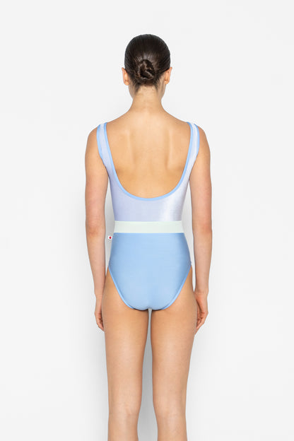 Lucy leotard in N-Moontide body color with V-Serenade top color, N-Moontide trim color and T-Pistachio middle band color