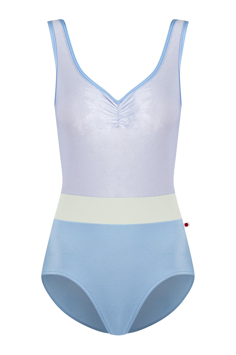 Lucy leotard in N-Moontide body color with V-Serenade top color, N-Moontide trim color and T-Pistachio middle band color