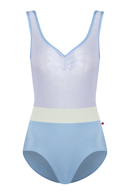 Lucy leotard in N-Moontide body color with V-Serenade top color, N-Moontide trim color and T-Pistachio middle band color