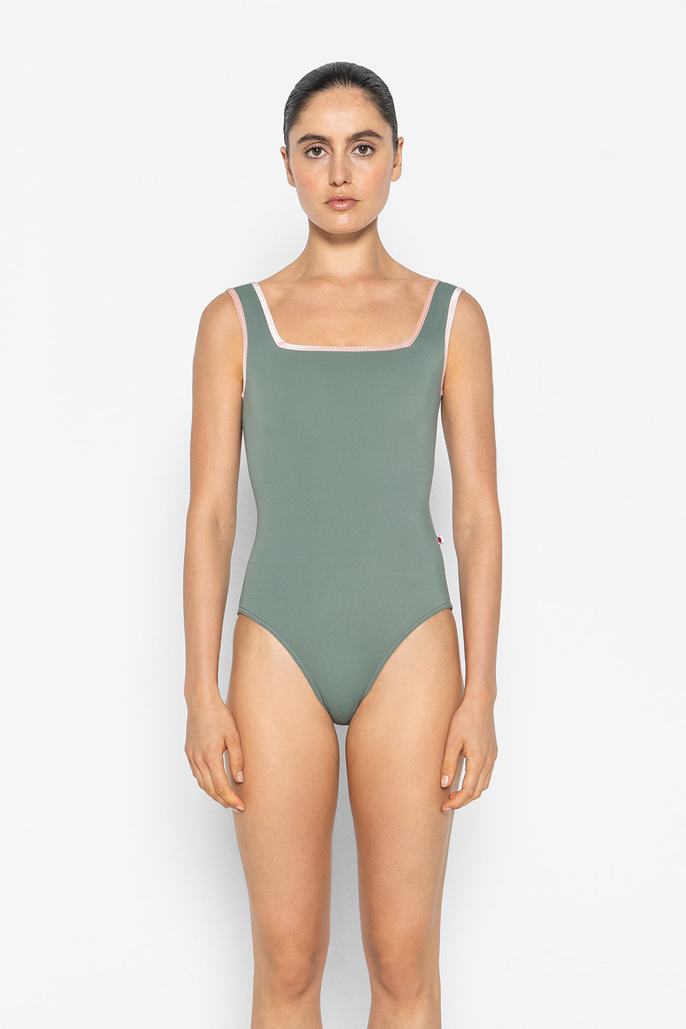 Marieke leotard in T-Sage body color with V-Blush trim color