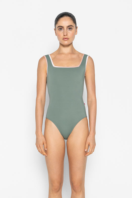 Marieke leotard in T-Sage body color with V-Blush trim color