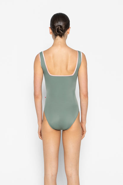 Marieke leotard in T-Sage body color with V-Blush trim color