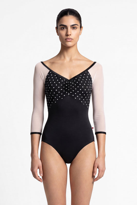 AI-generated model. Elli Mesh leotard, black T-Lunares polka-dot ruched bust with white mesh three-quarter sleeves and V-neck, black body.