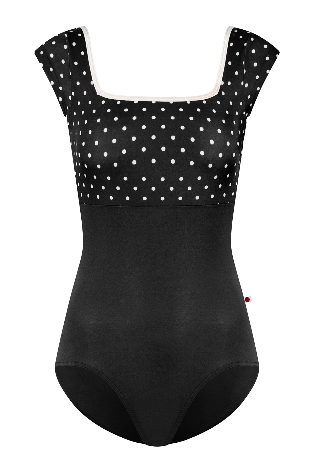 Marieke leotard, black T-Lunares polka-dot square-neck bodice with cream trim and black body, cap sleeves.