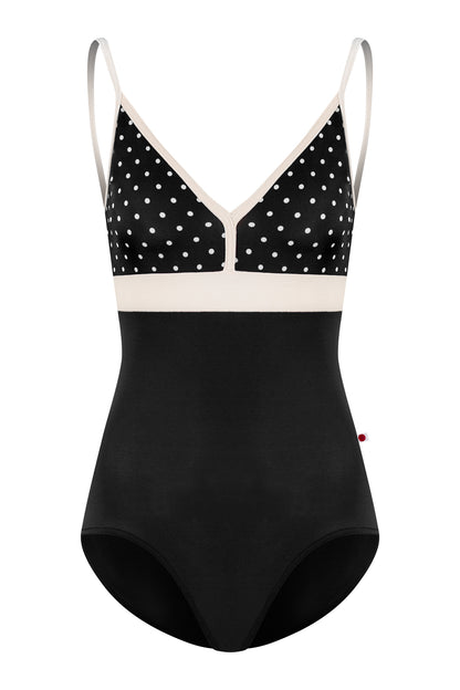 Zoe leotard, black T-Lunares polka-dot V-neck bust with blush straps and waistband, black body.