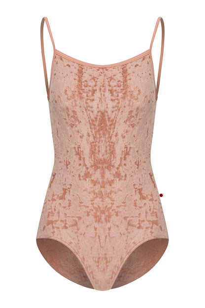Daniela leotard, all-over dusty-rose crushed velvet with a scoop neck and thin straps.