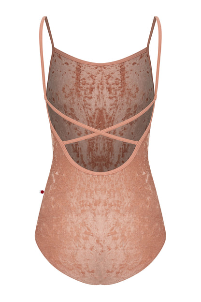 Daniela leotard, all-over dusty-rose crushed velvet with a scoop neck and thin straps.