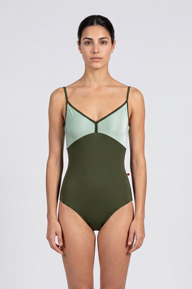 AI-generated model. Daria leotard, mint crushed-velvet bodice and an olive-green body, V-neck with thin olive straps.