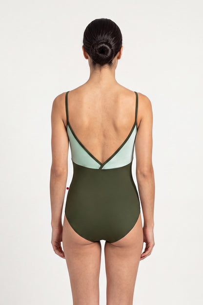 AI-generated model. Daria leotard, mint crushed-velvet bodice and an olive-green body, V-neck with thin olive straps.