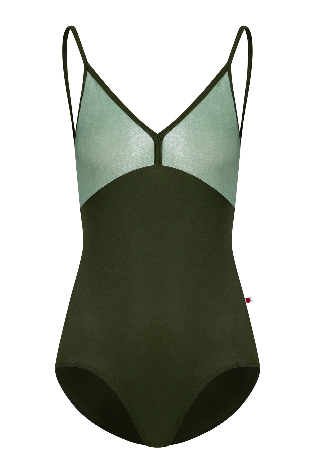 Daria leotard, mint crushed-velvet bodice and an olive-green body, V-neck with thin olive straps.